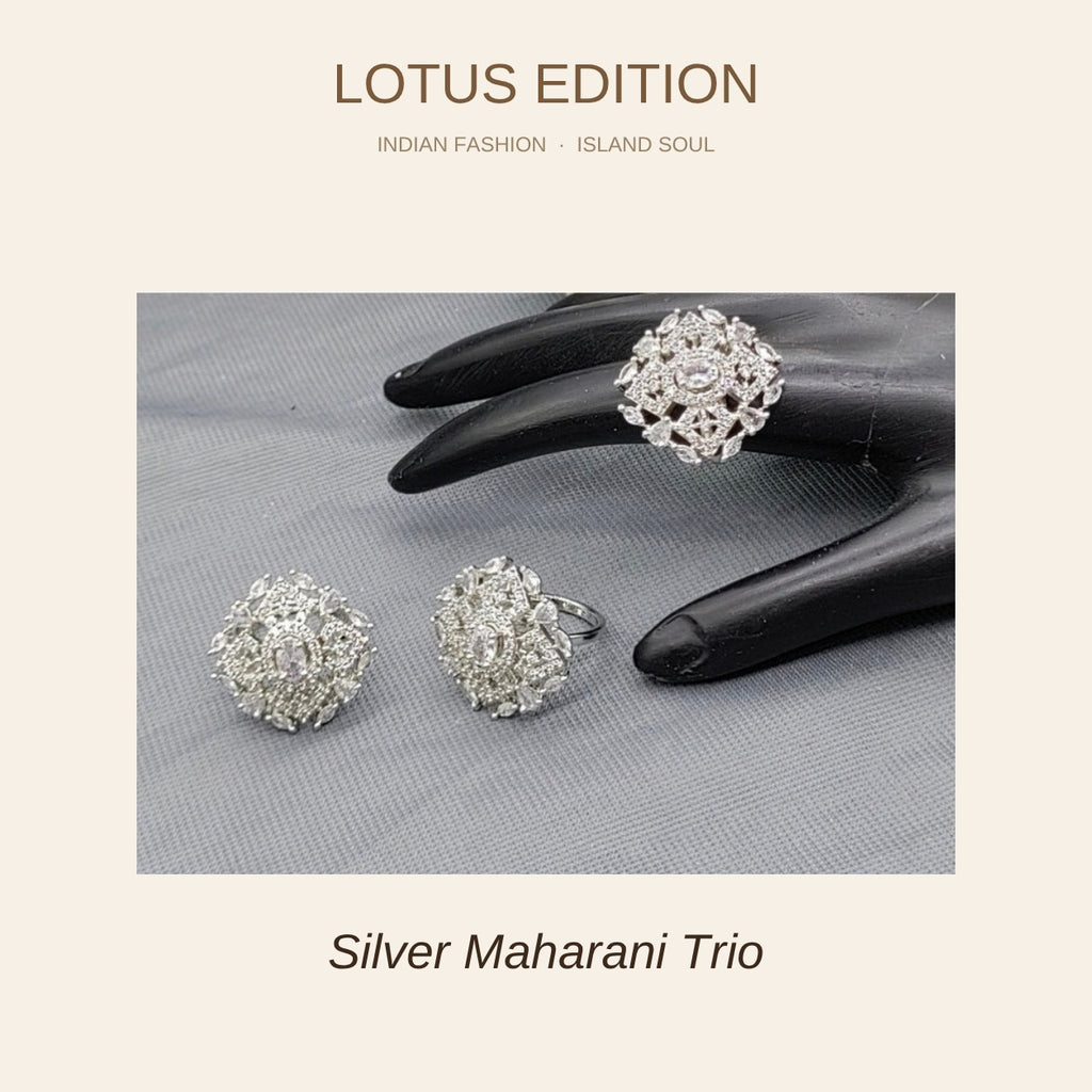 Silver Maharani trio, stud earrings and ring