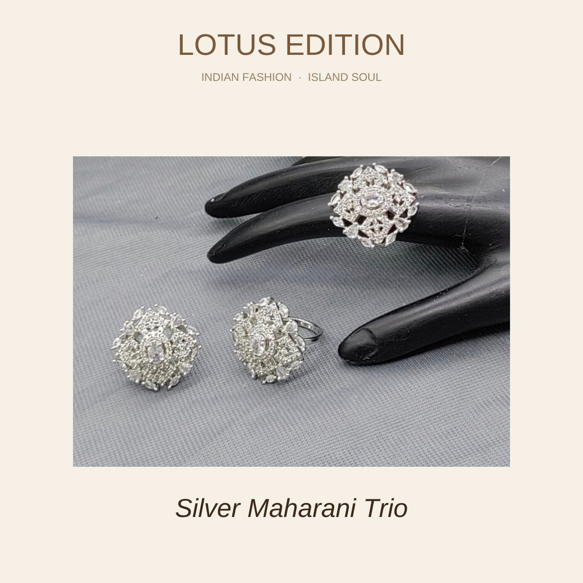 Silver Maharani trio, stud earrings and ring