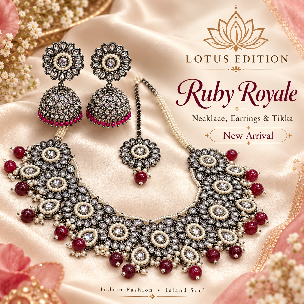 Ruby Royale Necklace, Earrings & Tikka