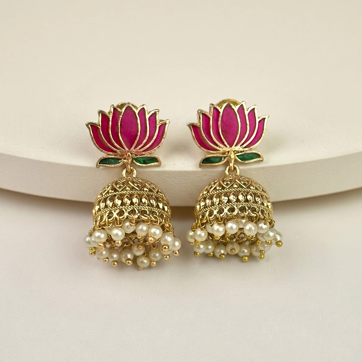 Blooming Lotus Pearl Jhumkas, Maroon (Style 3)