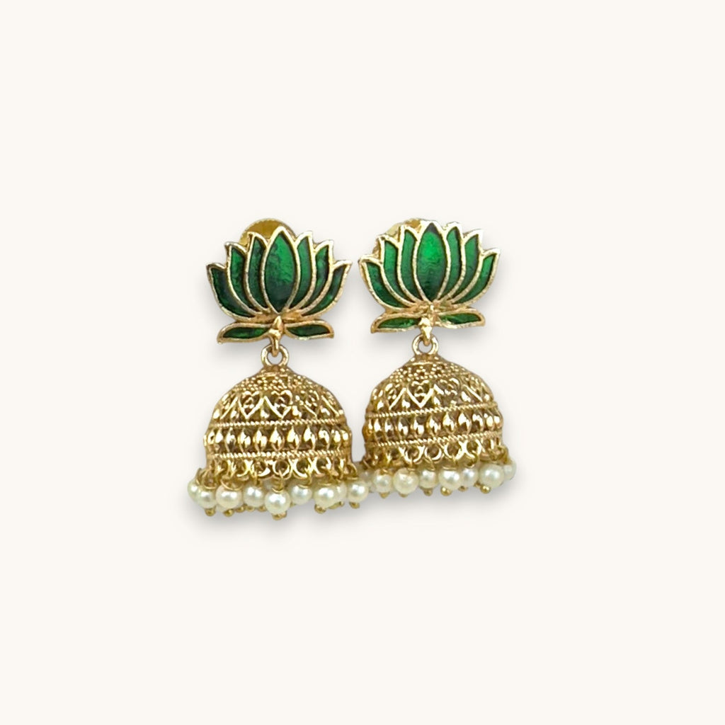 Blooming Lotus Pearl Jhumkas, Maroon (Style 3)