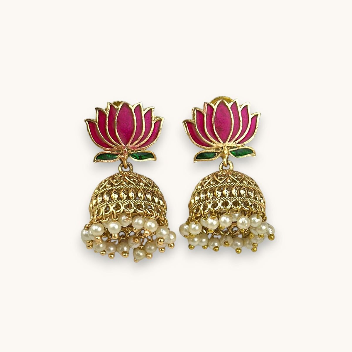 Blooming Lotus Pearl Jhumkas, Maroon (Style 3)