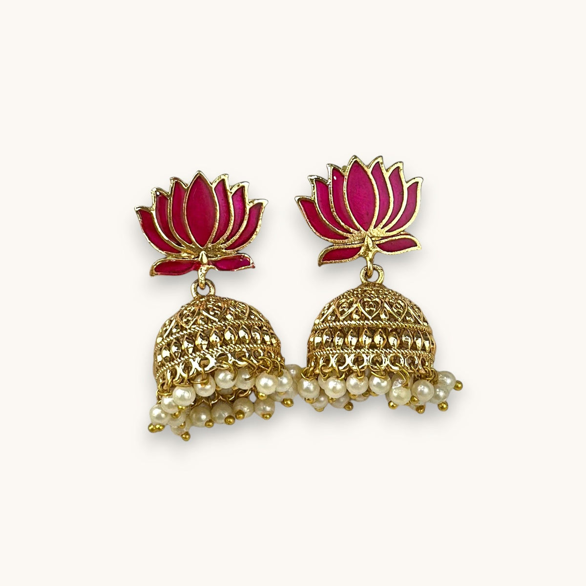 Blooming Lotus Pearl Jhumkas, Maroon (Style 3)