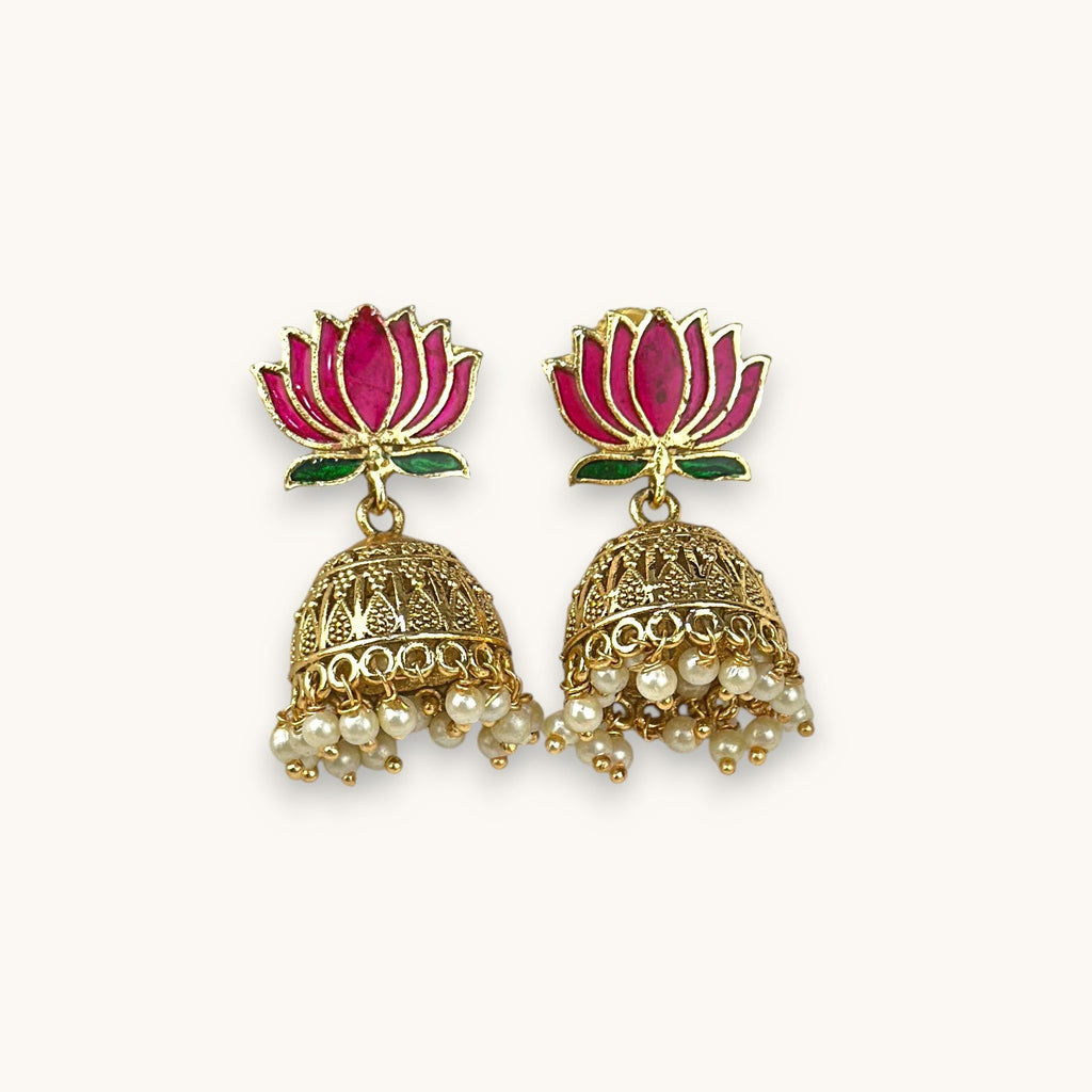 Blooming Lotus Pearl Jhumkas, Maroon (Style 2)