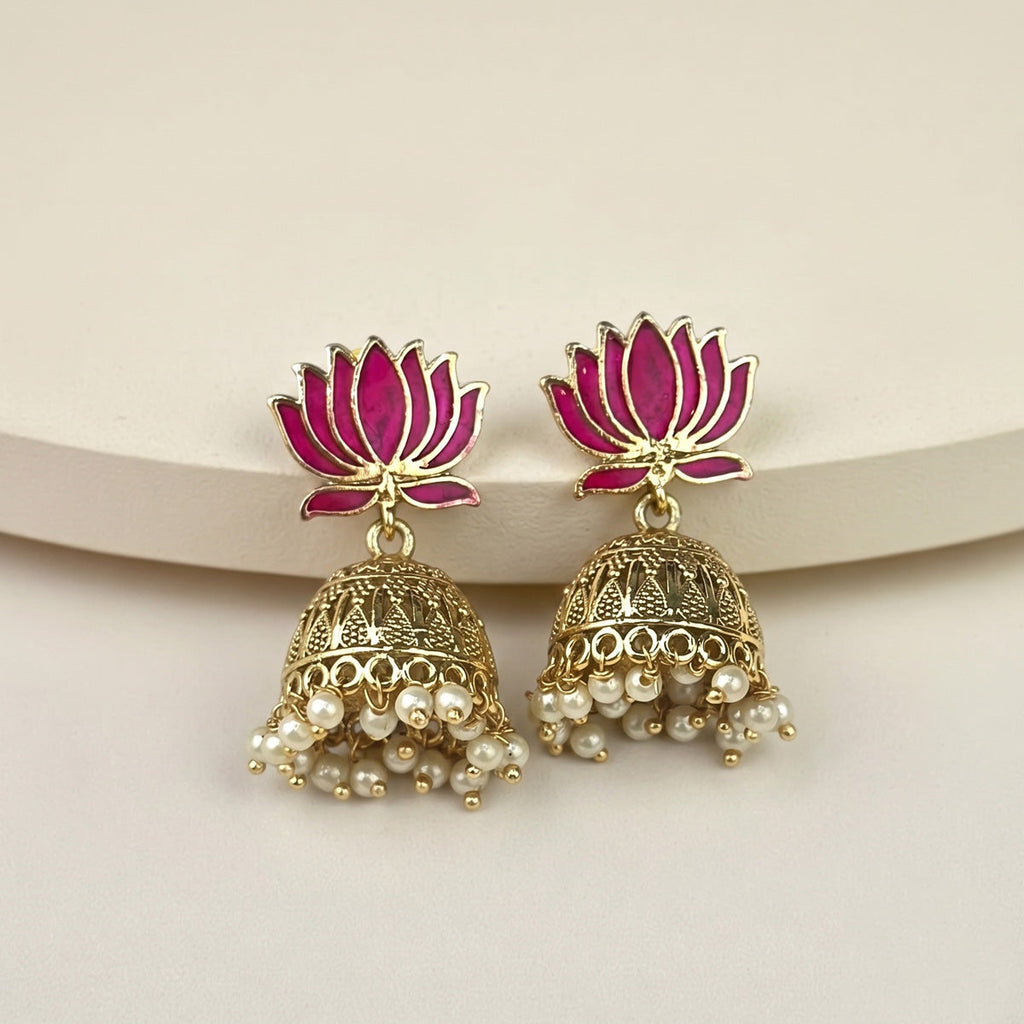 Blooming Lotus Pearl Jhumkas, Maroon (Style 2)