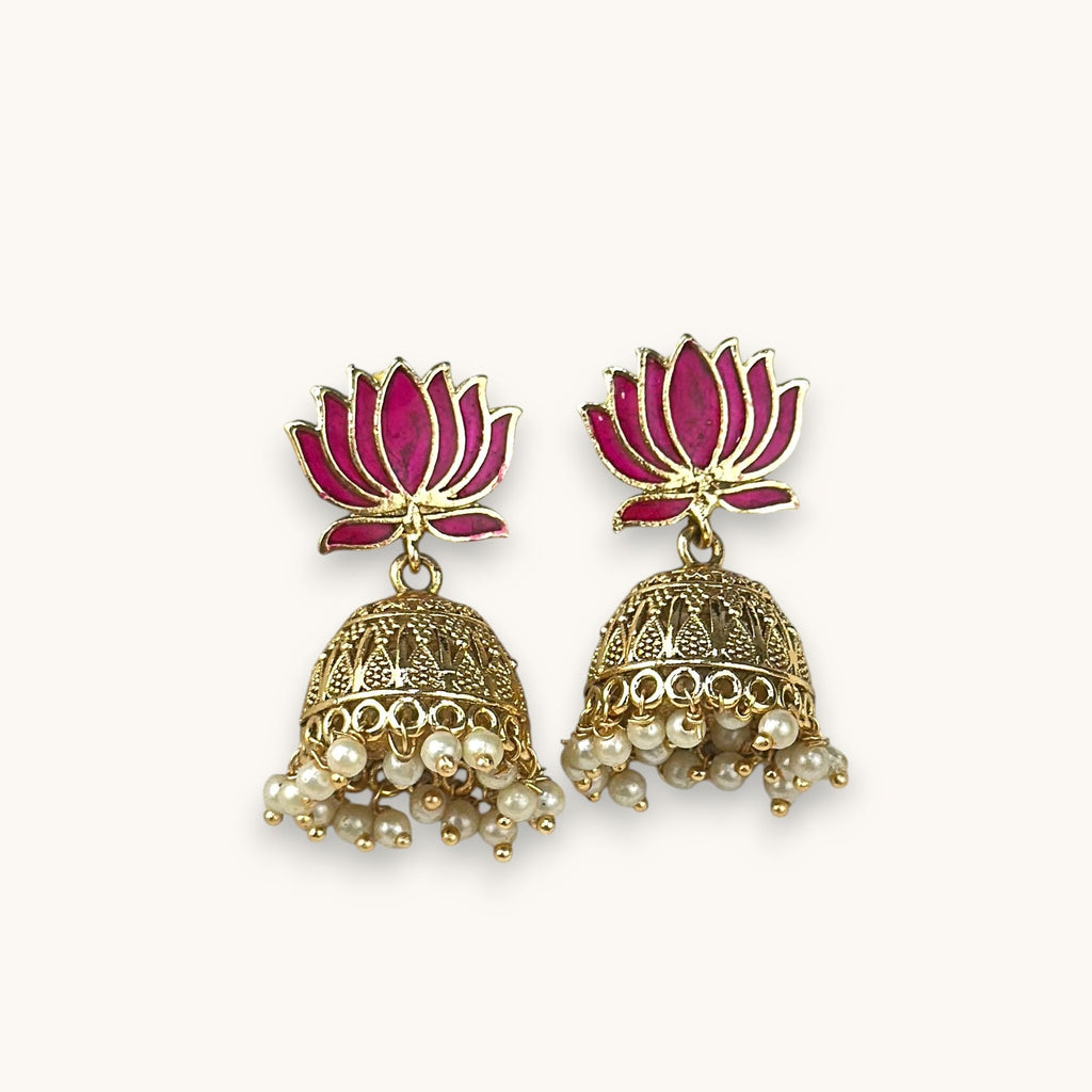 Blooming Lotus Pearl Jhumkas, Maroon (Style 2)