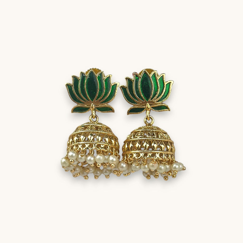 Blooming Lotus Pearl Jhumkas, Maroon (Style 1)
