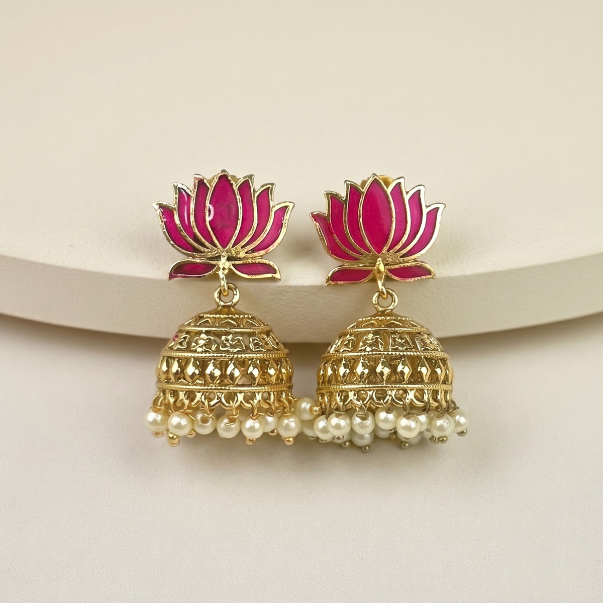 Blooming Lotus Pearl Jhumkas, Maroon (Style 1)