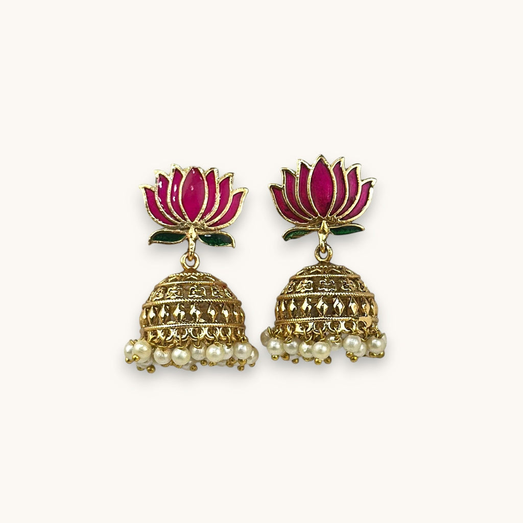 Blooming Lotus Pearl Jhumkas, Maroon (Style 1)
