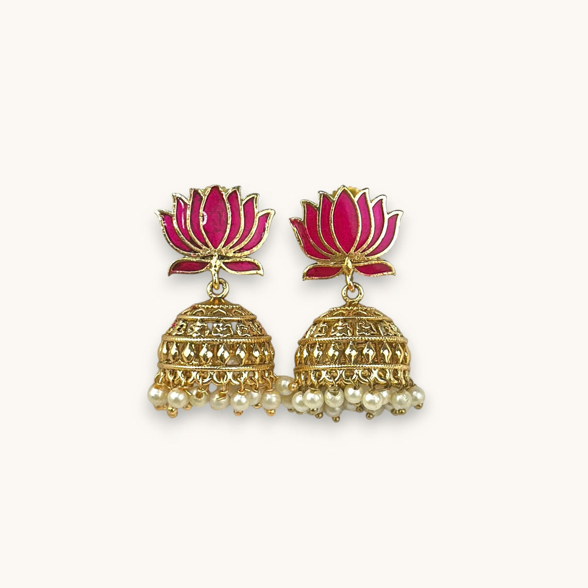 Blooming Lotus Pearl Jhumkas, Maroon (Style 1)