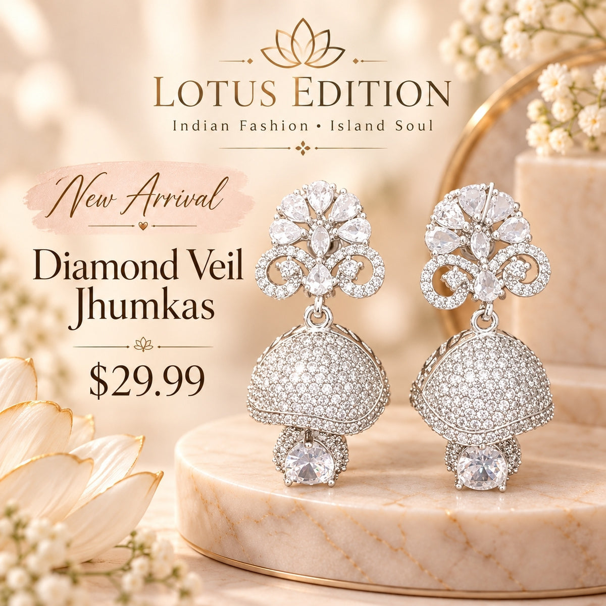 Diamond Veil jhumkas, silver tone jhumkas covered in clear stones