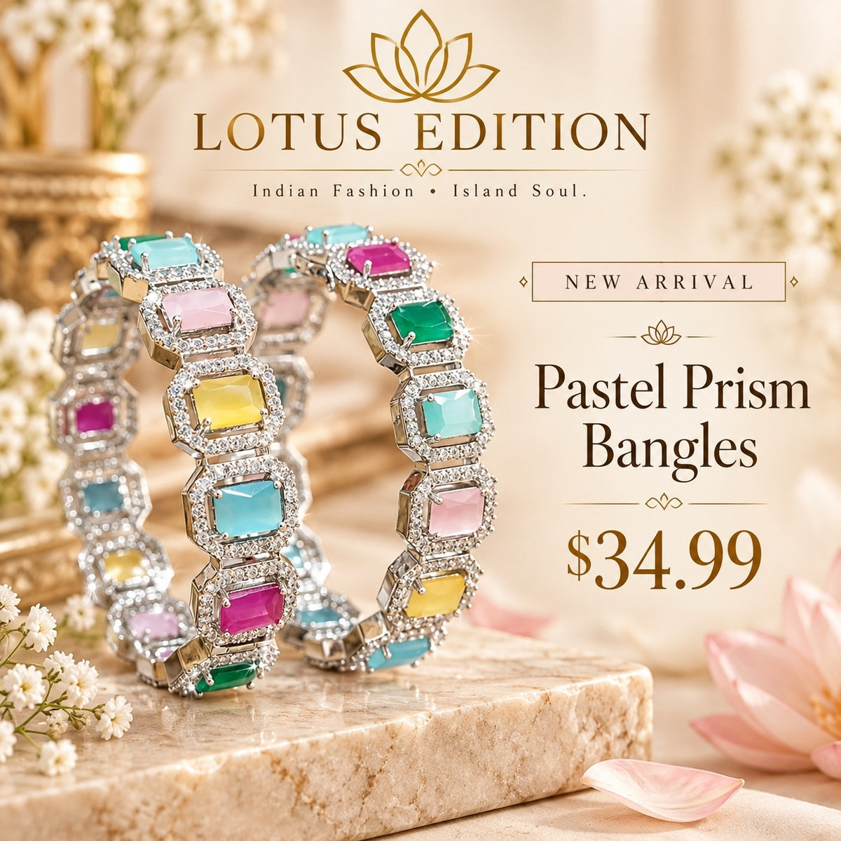 Pastel Prism bangles, a pair of silver tone bangles with pastel stones