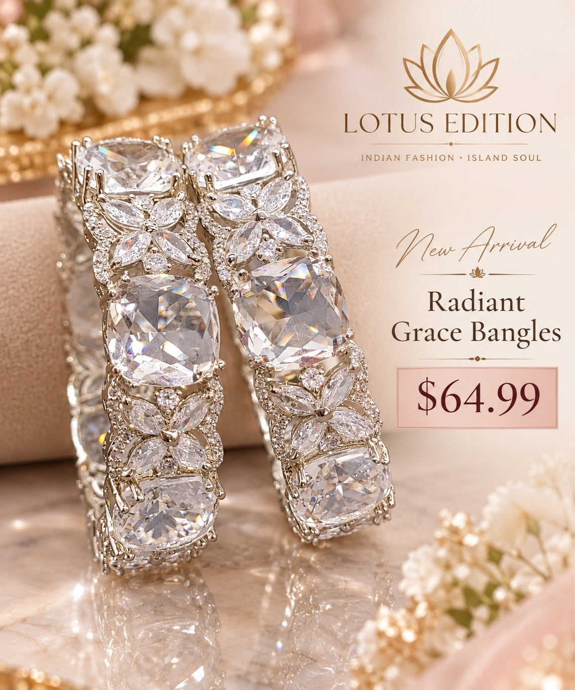 Radiant Grace bangles, a pair of silver tone bangles with large clear stones