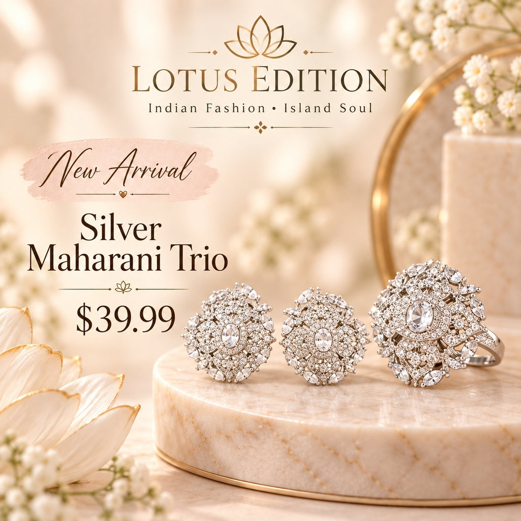 Silver Maharani trio, flower stud earrings and a matching ring
