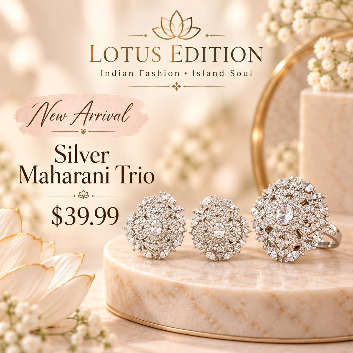Silver Maharani trio, flower stud earrings and a matching ring